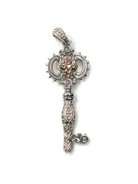 Vintage ATR 925 Sterling Silver 18K Yellow Gold Diamond Key Pendant
